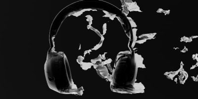 Abstract image of headphones disintegrating.